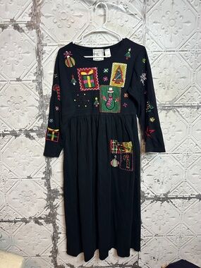 Vintage HTF Michael Simon lite Black Holiday Christmas Embroidered Dress